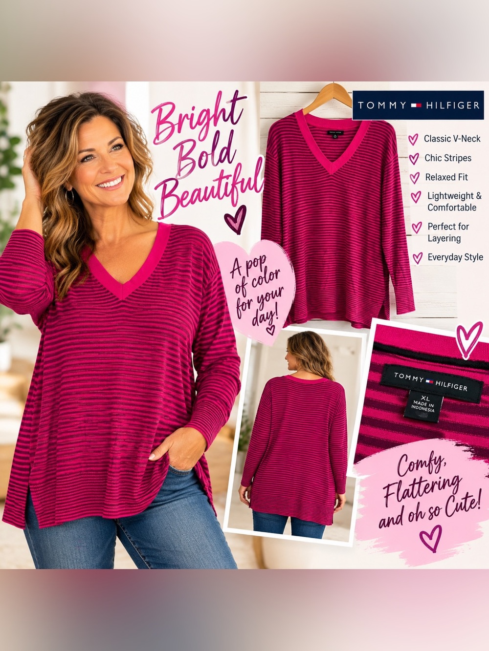Tommy Hilfiger XL Pink Magenta Striped V-Neck Tunic Sweater